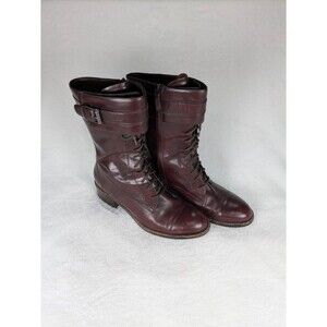 Cole Haan Nike Air Burgundy Leather Combat Boots Lace Up Buckle Cuff Women's 10B